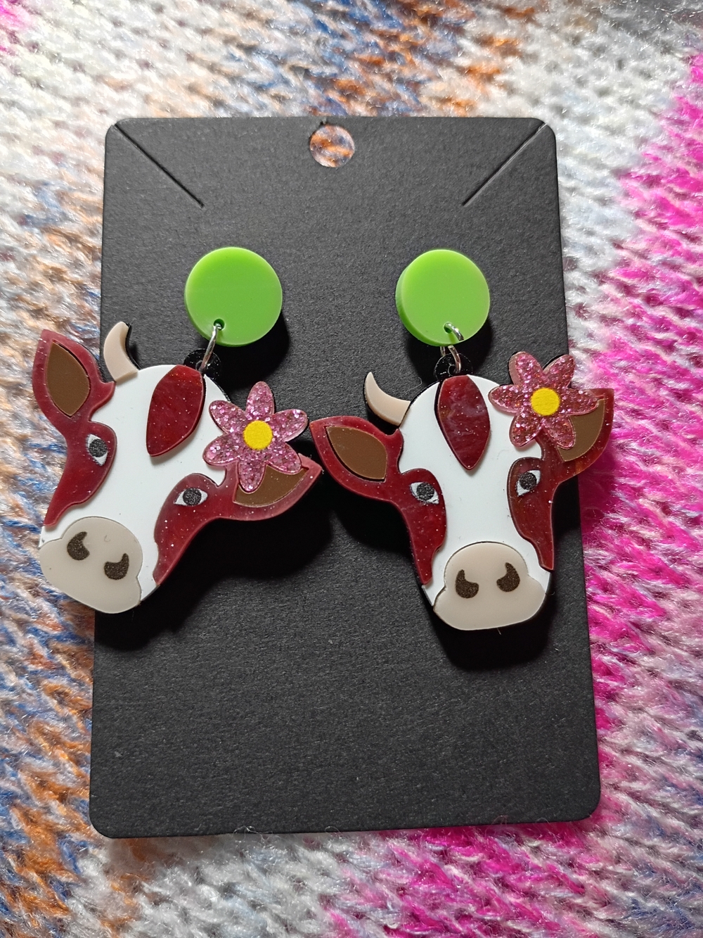 Cute Moo Cow Earrings Pink Glitter Flower Red White Green Posts Country Western